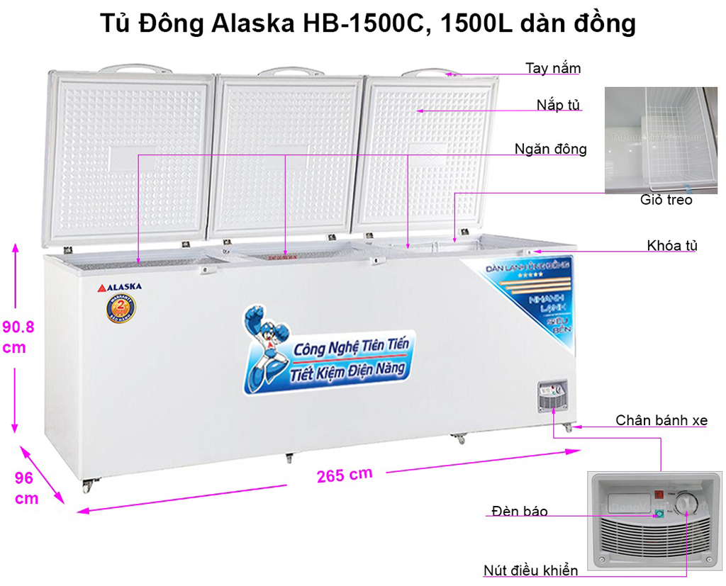 Kích thước tủ đông Alaska HB-1500C