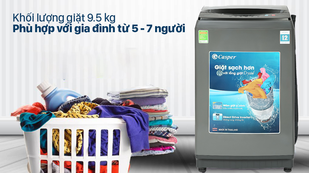 Máy giặt Casper Inverter 9.5 kg WT-95I68DGA - Khối lượng giặt 9.5 kg, phù hợp với các gia đình 5 - 7 thành viên