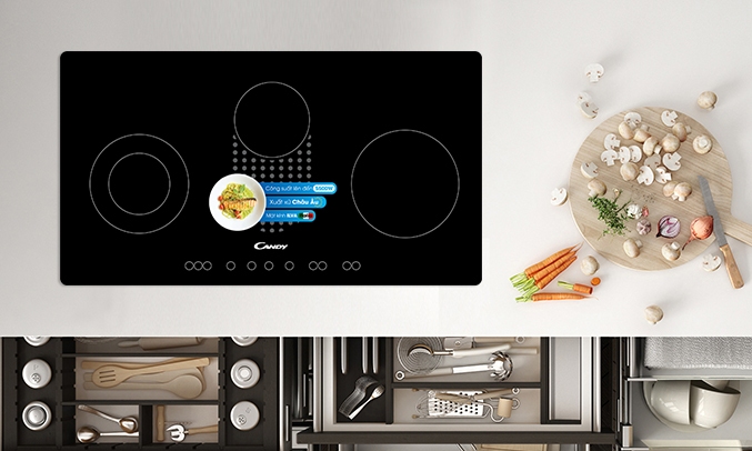 Bếp ba hồng ngoại điện từ Candy CMI732N/1 được thiết kế ba vùng nấu lớn