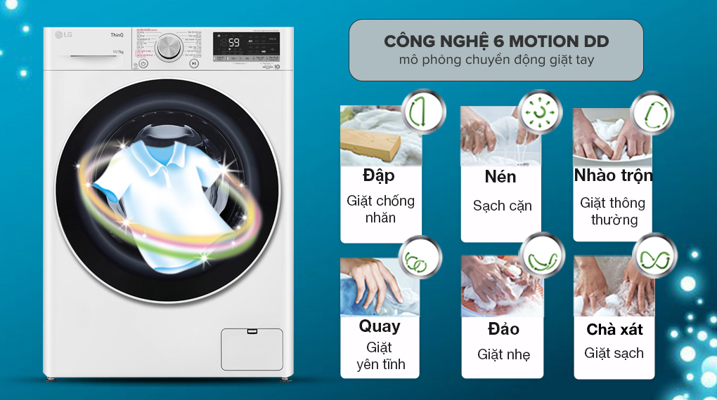 Máy giặt sấy LG Inverter 11kg FV1411D4W - Công nghệ 6 Motion DD mô phỏng bàn tay người giúp giặt sạch quần áo, giảm thiểu tình trạng nhăn sau khi giặt 