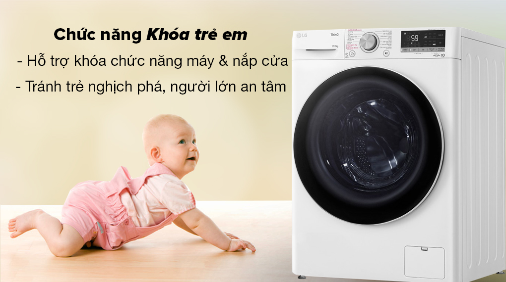 Máy giặt sấy LG Inverter 11kg FV1411D4W - Khóa trẻ em giúp người lớn an tâm 
