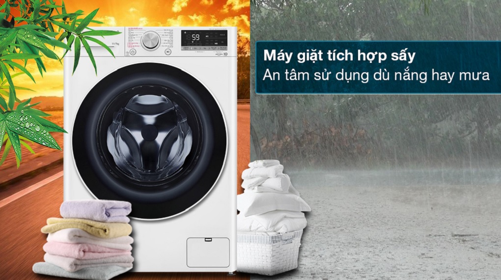Máy giặt sấy LG Inverter 11kg FV1411D4W - Máy giặt tích hợp sấy trên cùng một thiết bị tiện lợi cho việc sử dụng dù trời nắng hay mưa 