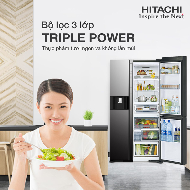Tủ lạnh SBS Hitachi Inverter 569 lít R-MY800GVGV0(MIR) trang bị bộ lọc khử mùi Triple power