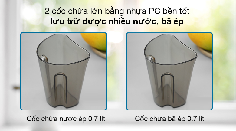 Máy ép chậm Sunhouse Mama SHD5505 - Có cốc chứa bã ép và cốc chứa nước ép chất liệu nhựa PC, dung tích 0.7 lít tiện dùng khi ép nước