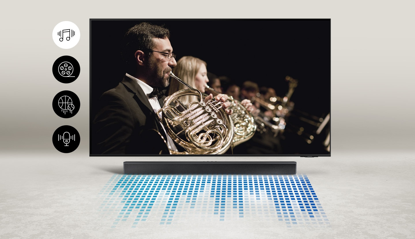 TV hiển thị dàn nhạc và soundbar hiển thị sóng âm thanh. Biểu tượng âm nhạc, phim, mô tô thể thao và tin tức có thể được nhìn thấy ở bên trái.