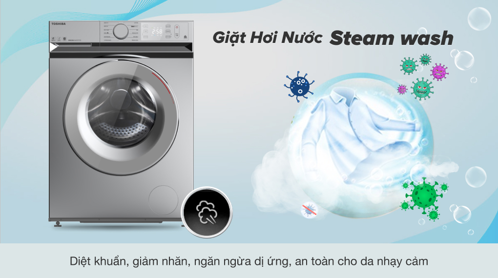 Máy giặt Toshiba 9.5 kg TW-BL105A4V(SS) - Diệt khuẩn tối đa nhờ công nghệ giặt hơi nước Steam wash