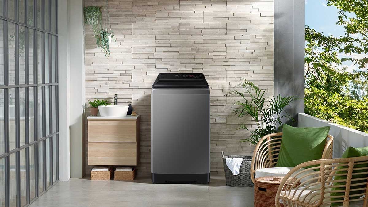 Máy Giặt Samsung Inverter 9.5 kg WA95CG4545BDSV thiết kế máy giặt cửa trên tối giản, hiện đại