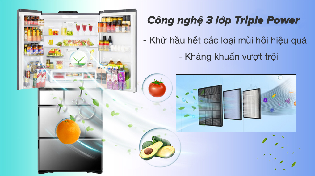 Tủ lạnh Hitachi Inverter 735 lít R-ZX740KV X - Công nghệ Triple Power 3 lớp khử mùi hôi và diệt khuẩn, bảo quản thực phẩm tốt hơn