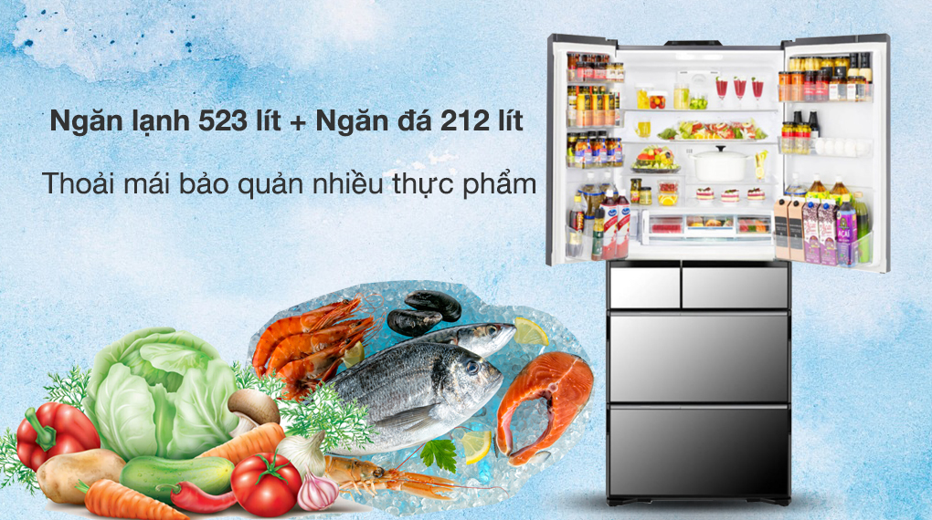Tủ lạnh Hitachi Inverter 735 lít R-ZX740KV X - Dung tích ngăn lạnh 523 lít, ngăn đá 212 lít