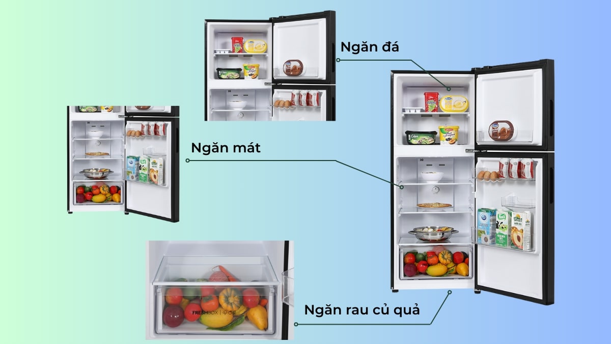 Bố trí vị trí các ngăn trong tủ lạnh Aqua Inverter 189 lít AQR-T220FA(FB)