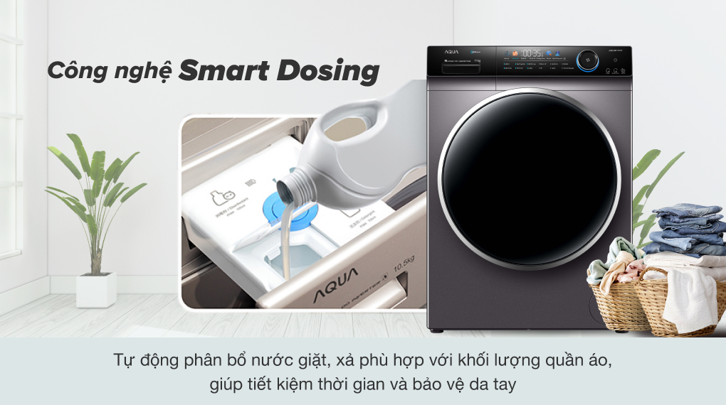 Máy giặt Aqua Inverter 10 kg AQD- DD1001G PS - Tự động phân bổ lượng nước giặt xả Smart Dosing