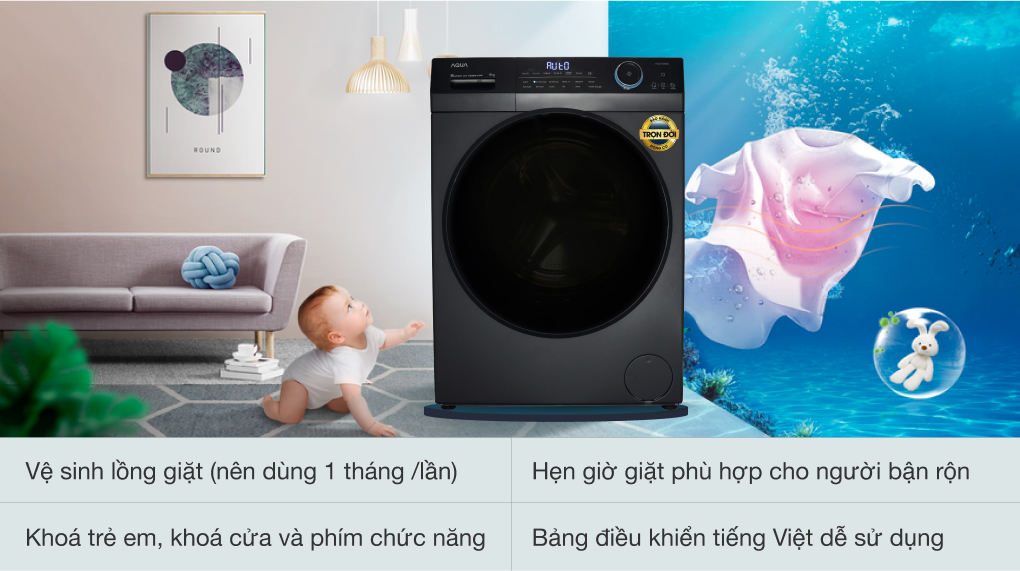 Máy giặt Aqua Inverter 9 kg AQD- D902G BK - Tiện ích