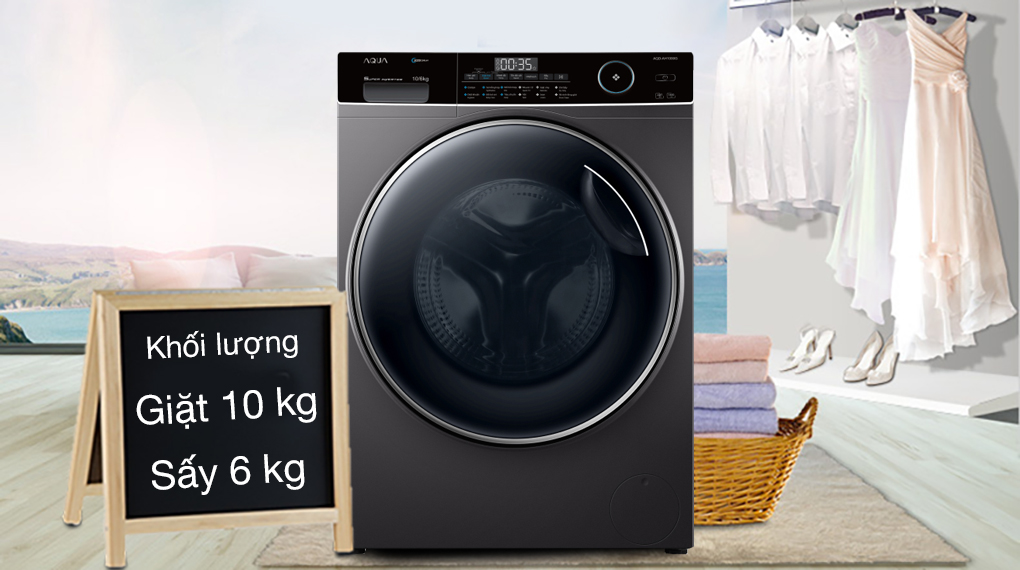 Máy giặt sấy Aqua Inverter 10 kg AQD-AH1000G.PS - Khối lượng giặt 10 kg, sấy 6 kg, phù hợp gia đình từ 5 - 7 người 