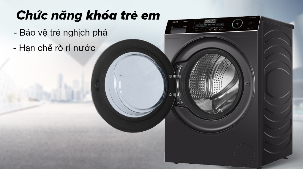 Máy giặt sấy Aqua Inverter 10 kg AQD-AH1000G.PS-Khóa trẻ em đảm bảo sự an toàn cho người dùng, tránh rò rỉ nước 